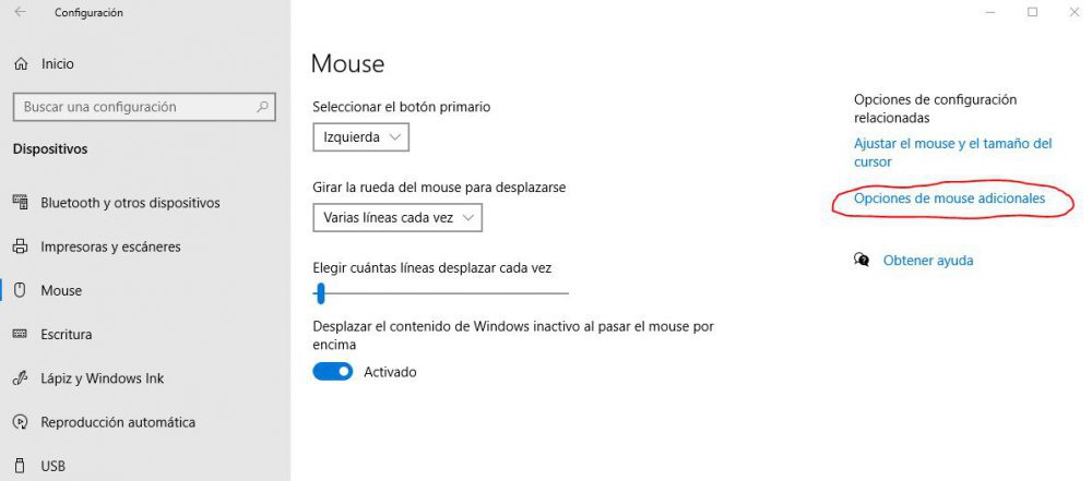 Opciones de ratón Windows